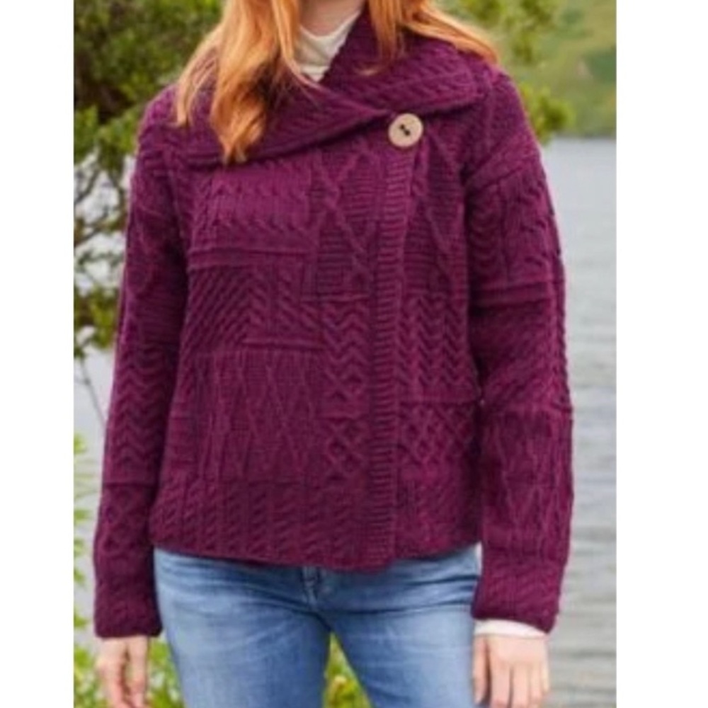 NWOT Aran Craft Merino Wool Sweater One Button Aran Patchwork Cardigan In Damson
